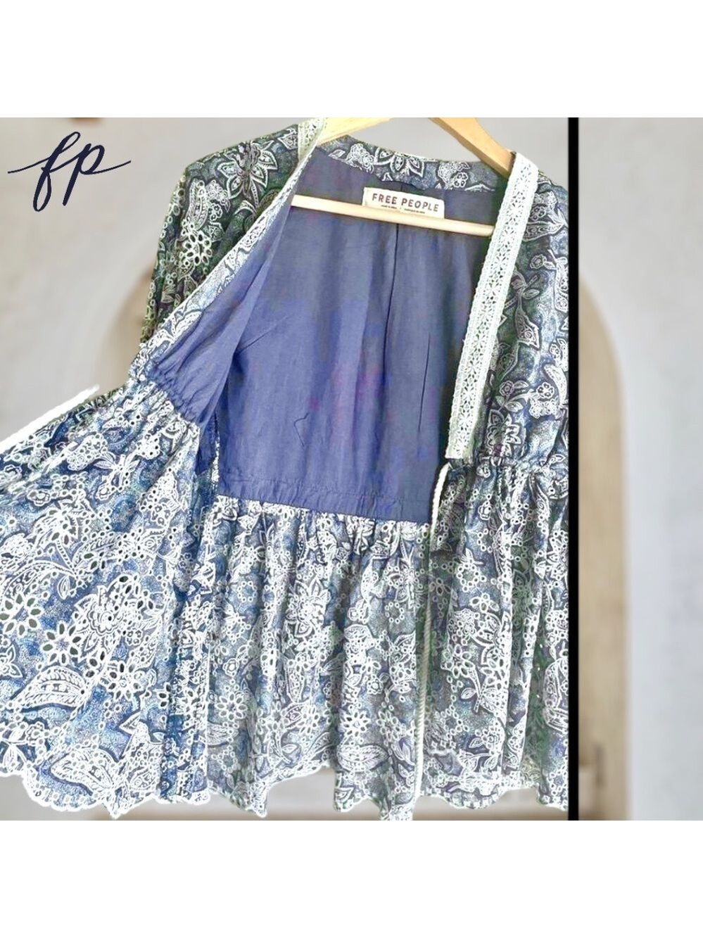 FREE PEOPLE NWT Anissa Floral-Print Eyelet/Embroidered Tie-Front Bed Jacket/Lg - Picture 13 of 14